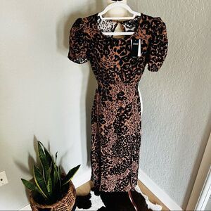 AFRM Jamie Print Open Back‎ Short Sleeve Dress, Brown/Black Animal, Small, NWT